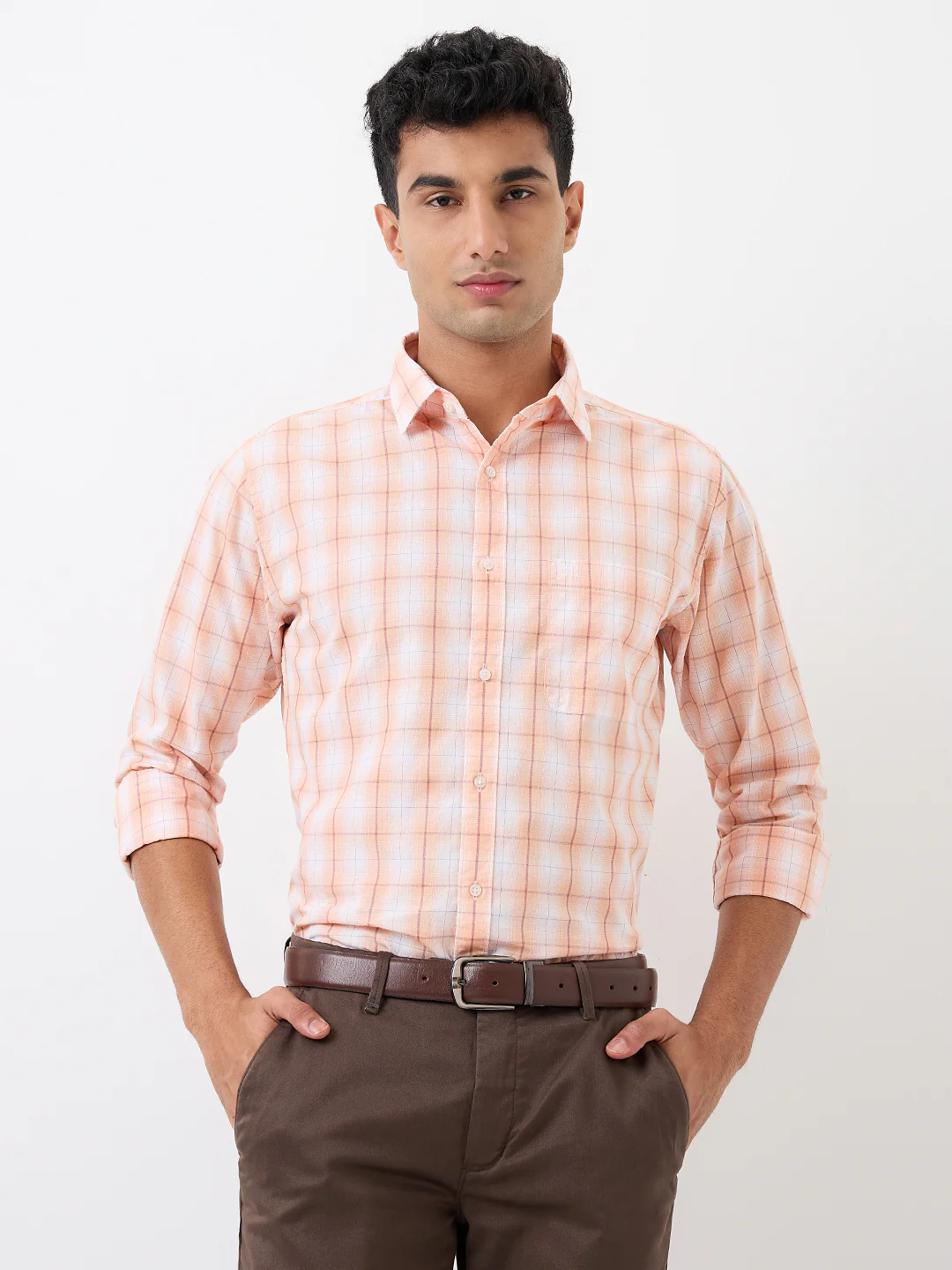 Raymond Men Orange Checks Slim Fit Cotton Casual Shirt - Image 6