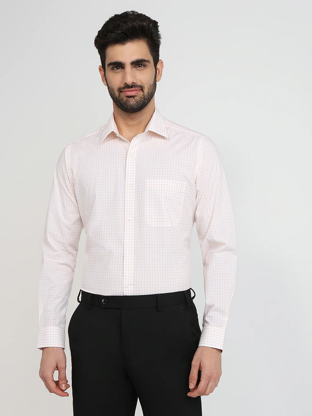 Raymond Men Orange Checks Slim Fit Cotton Formal Shirt
