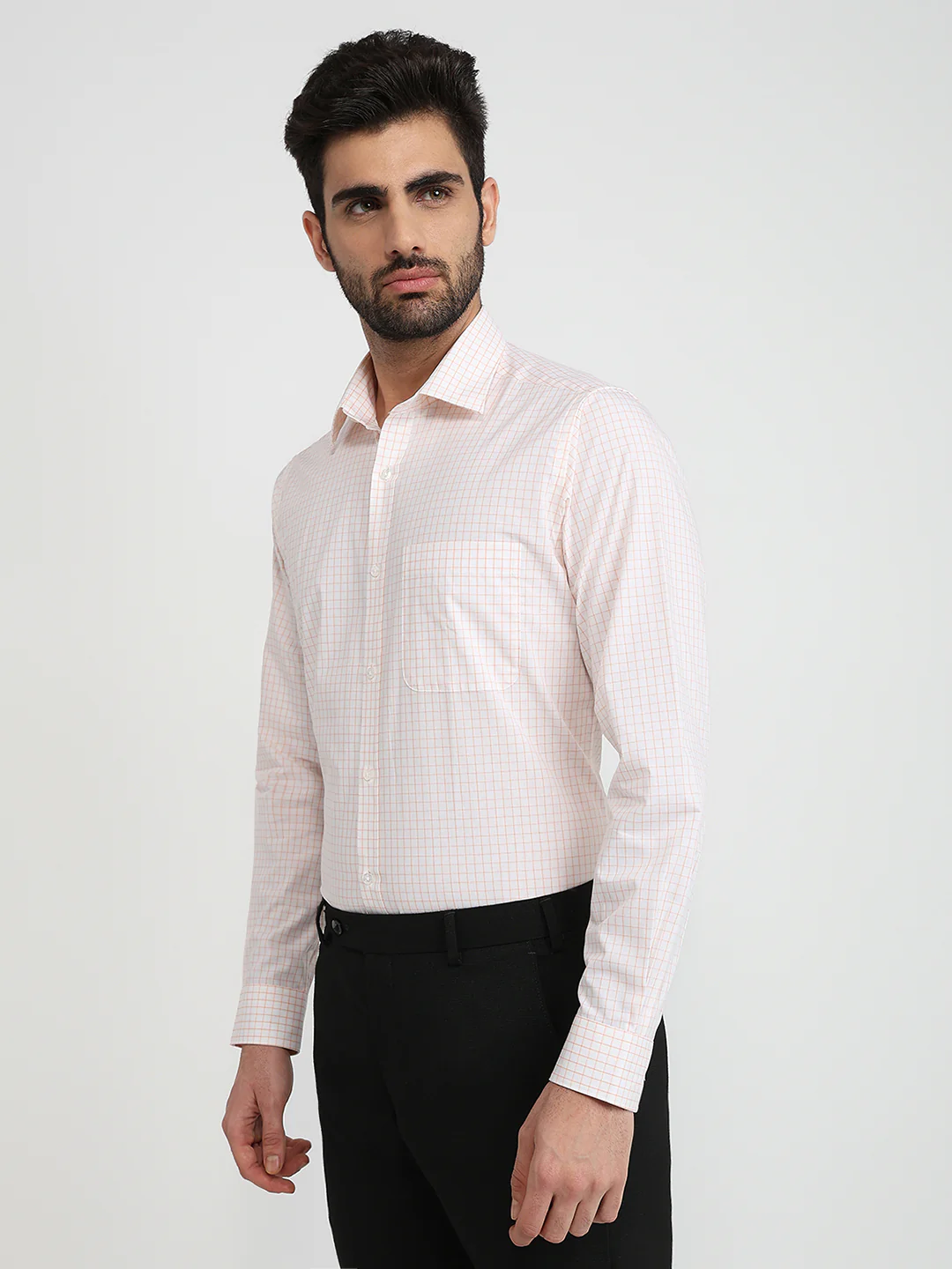 Raymond Men Orange Checks Slim Fit Cotton Formal Shirt - Image 2