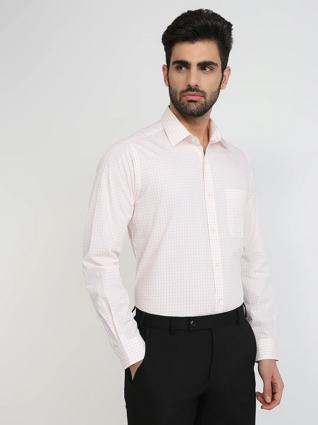 Raymond Men Orange Checks Slim Fit Cotton Formal Shirt - Image 3
