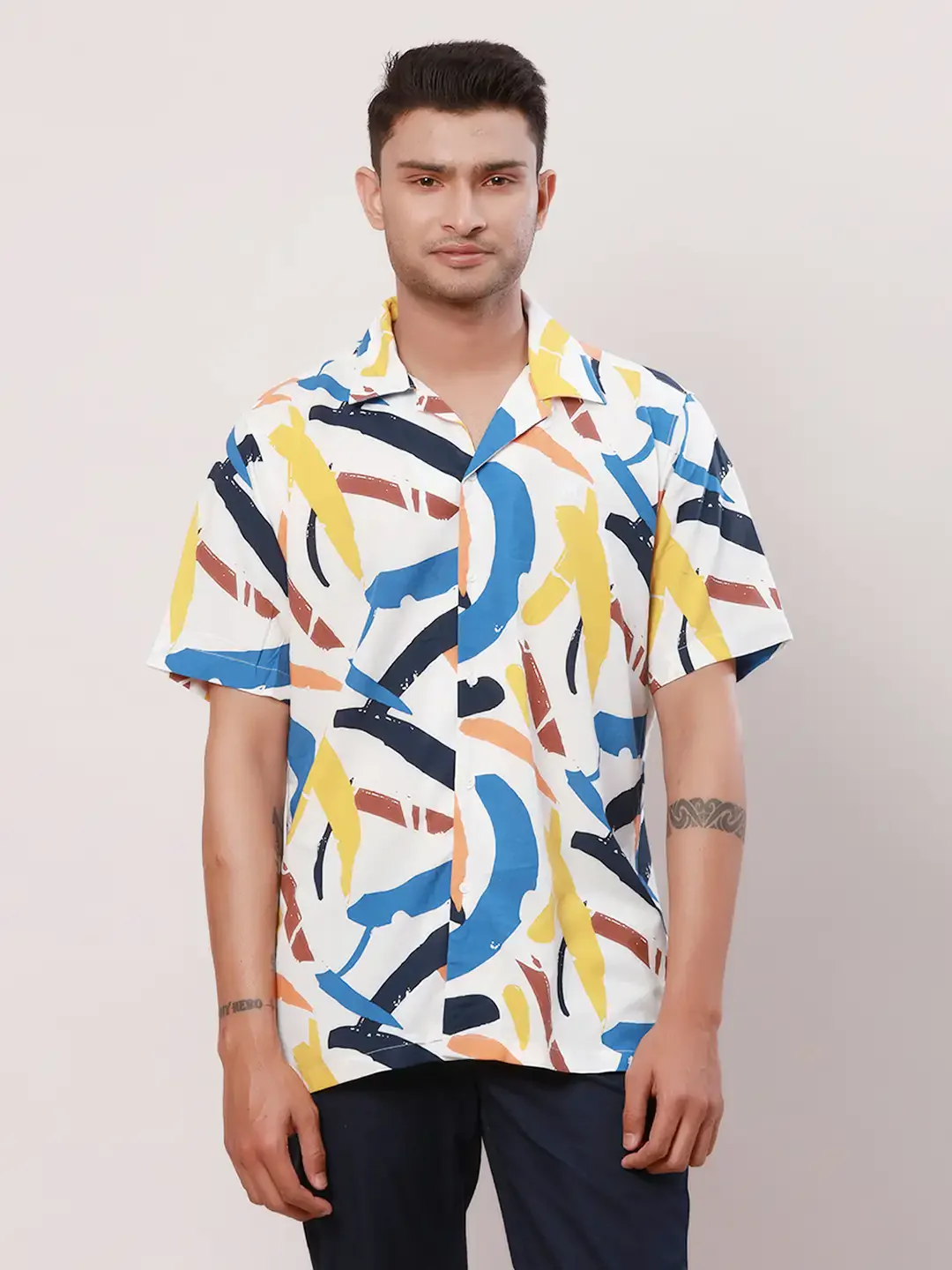 Raymond Men Orange Print Contemporary Fit Cotton Half Sleeve Resort Collar Shirt