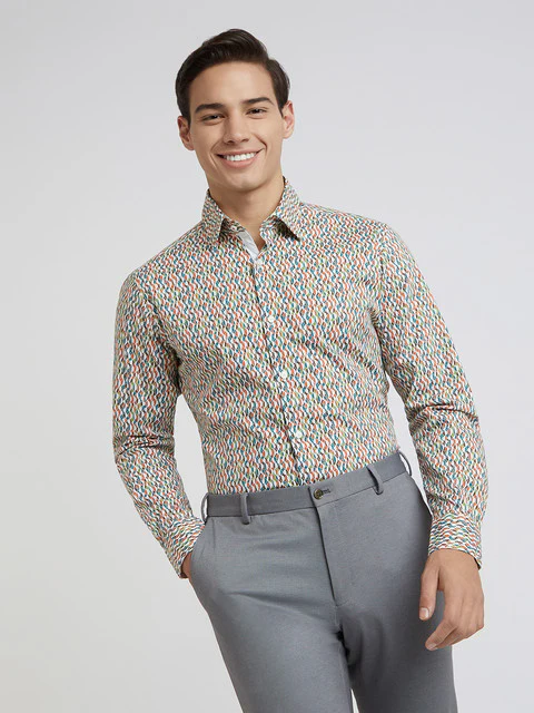 Raymond Men Orange Printed Slim Fit Cotton Blend Shirt