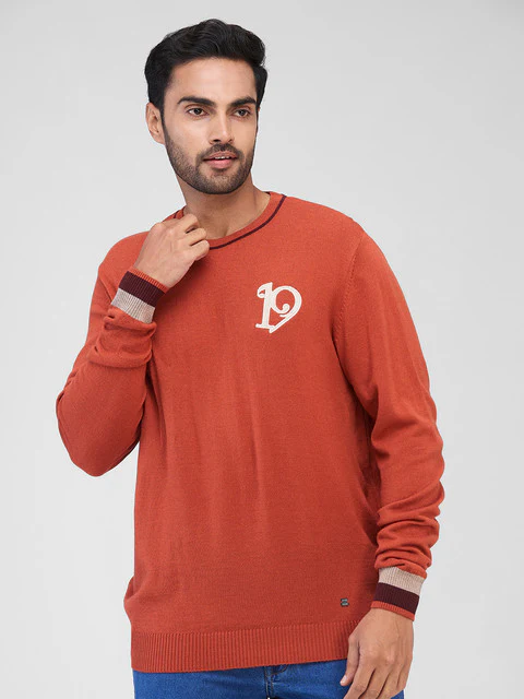 Raymond Men Orange Solid Wool Blend Sweater