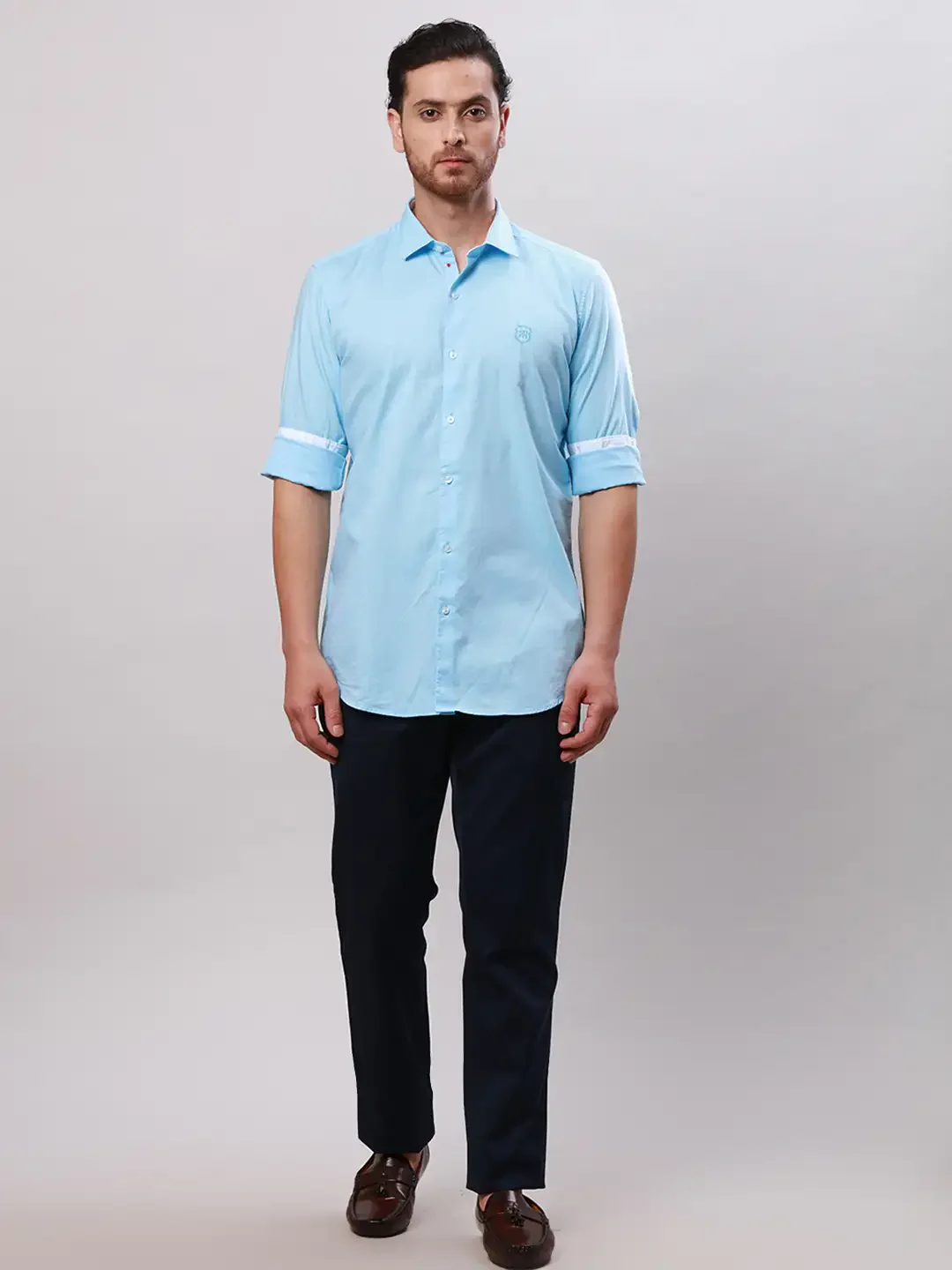 Raymond Men Petrol Contemporary Fit Solid Cotton Regular Collar Shirts - Image 5