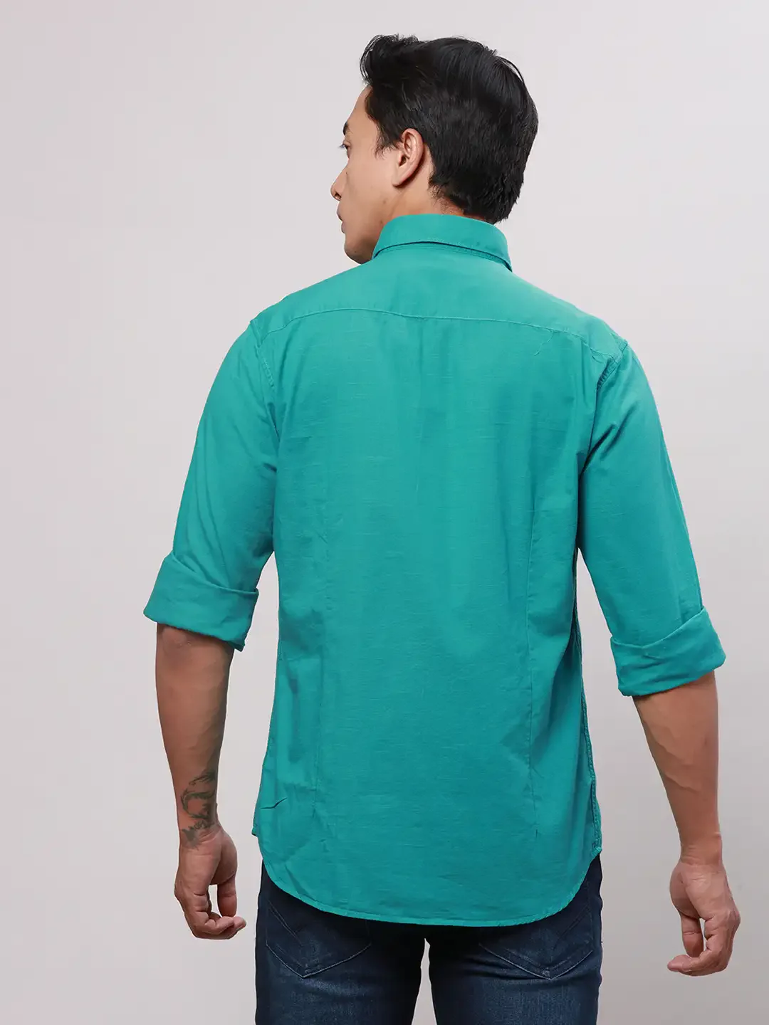 Raymond Men Green Solid Slim Fit Cotton Casual Shirt - Image 4