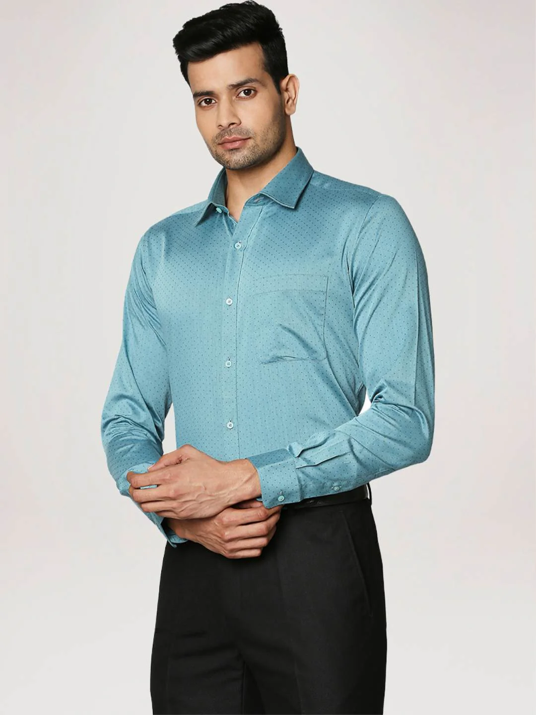 Raymond Men Petrol Structure Slim Fit Cotton Full Sleeve Shirts - Image 4