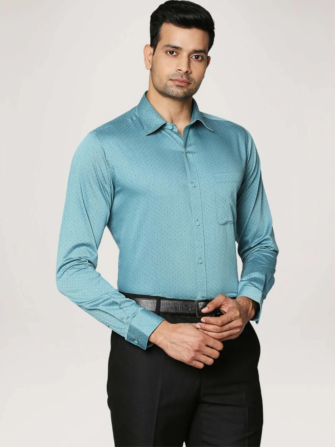 Raymond Men Petrol Structure Slim Fit Cotton Full Sleeve Shirts - Image 5