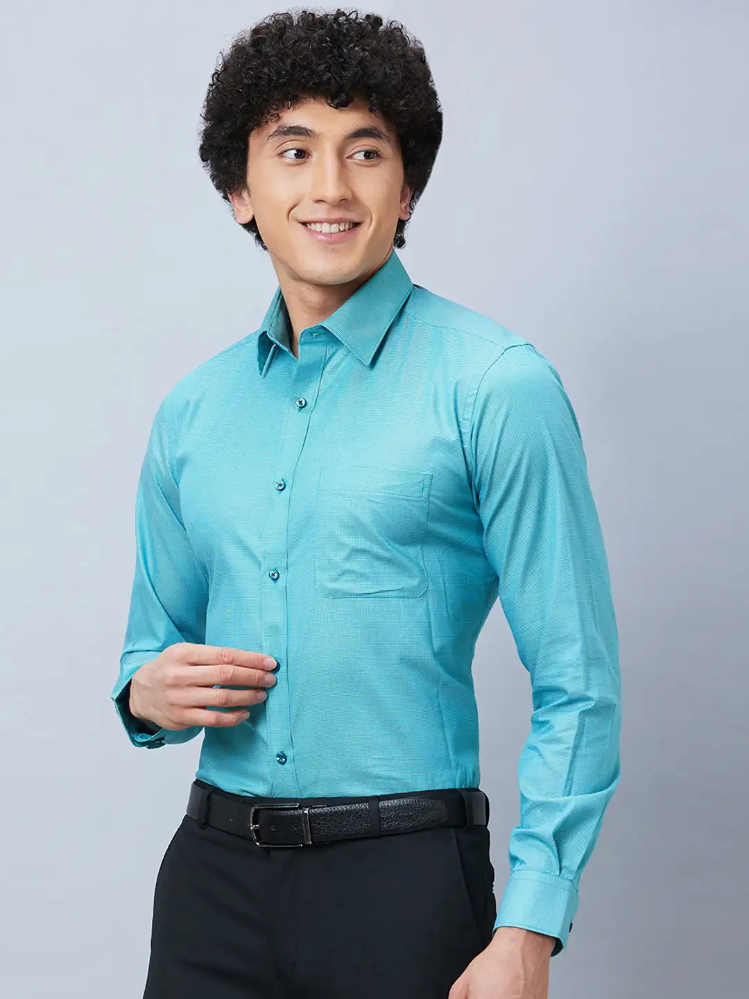 Raymond Men Petrol Structure Slim Fit Cotton Shirts - Image 3