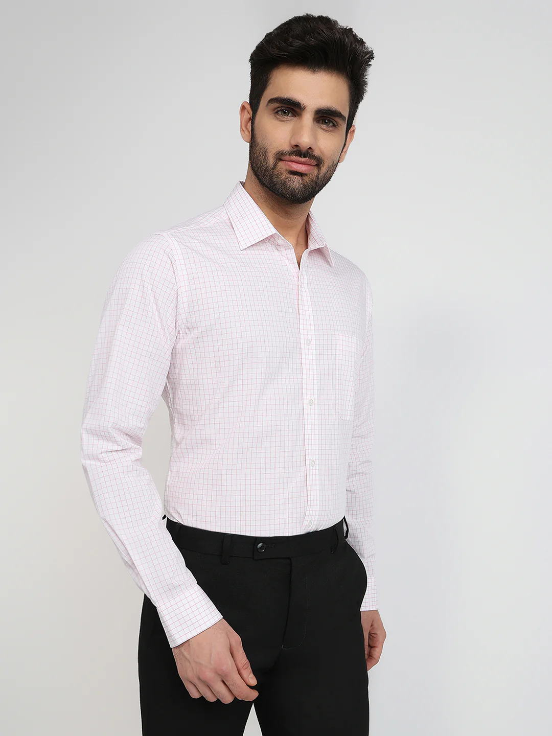 Raymond Men Pink Checks Slim Fit Cotton Formal Shirt - Image 3