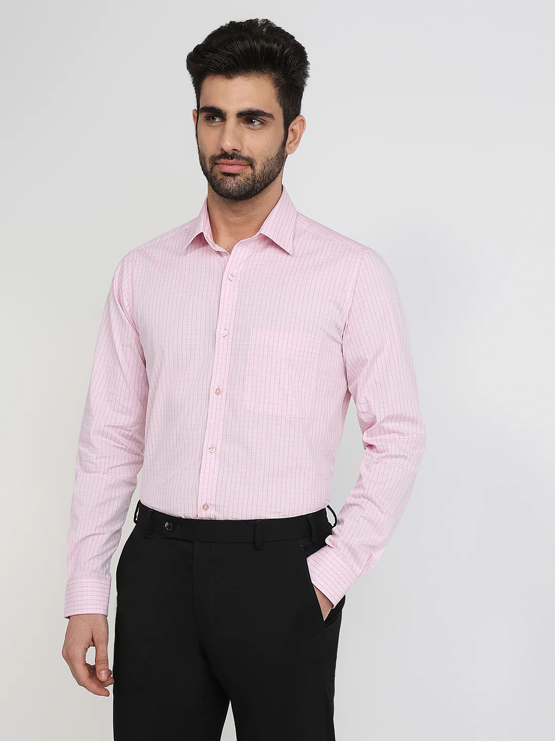 Raymond Men Pink Checks Slim Fit Cotton Formal Shirt