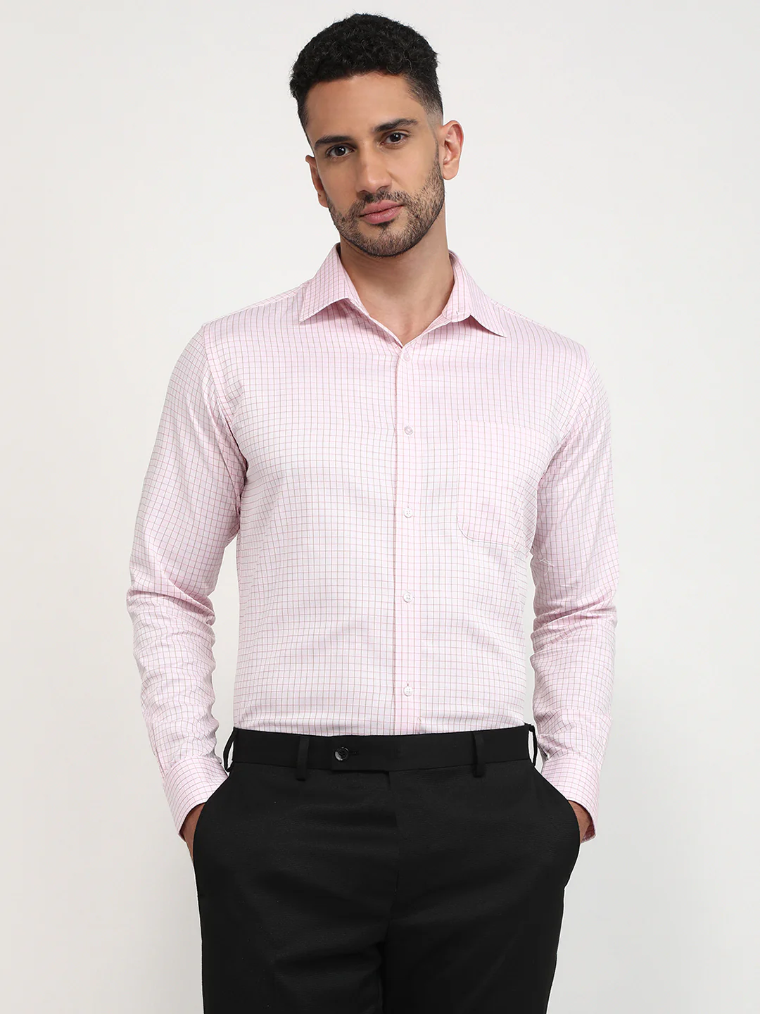Raymond Men Pink Checks Slim Fit Cotton Formal Shirt