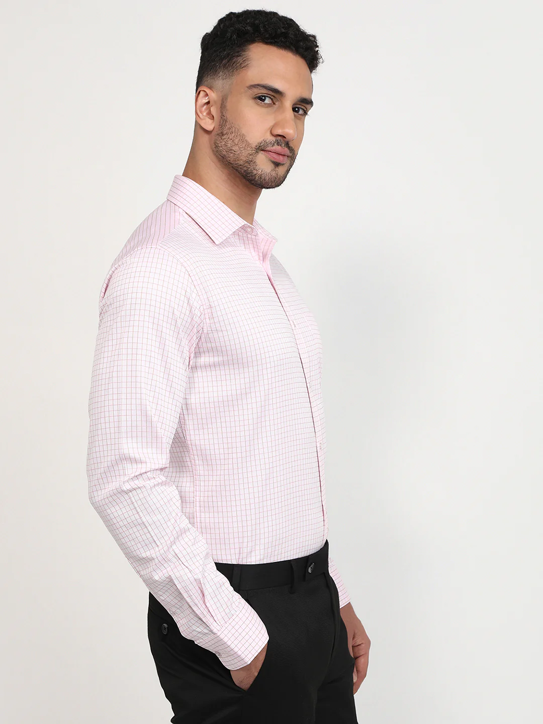 Raymond Men Pink Checks Slim Fit Cotton Formal Shirt - Image 3