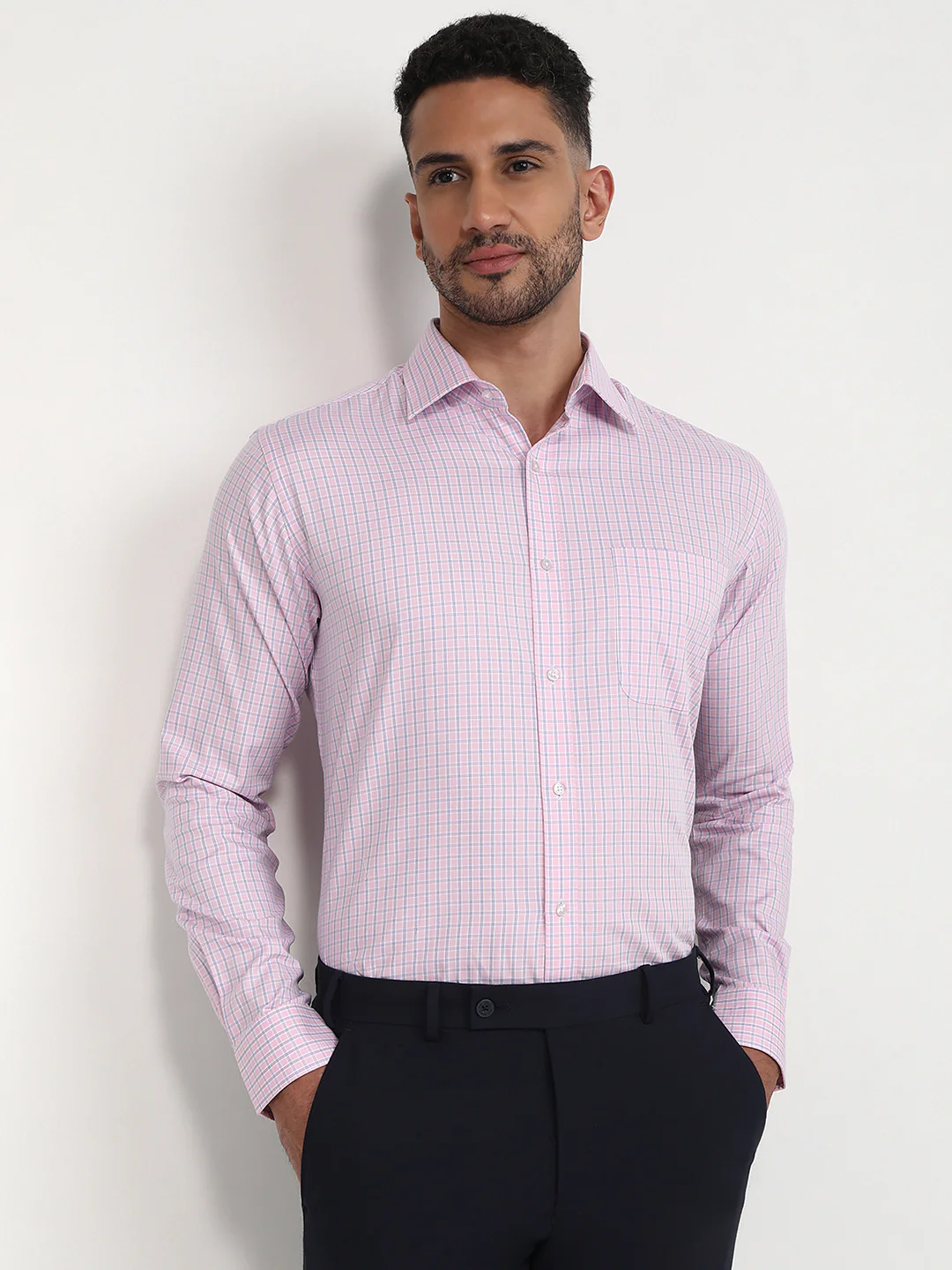 Raymond Men Pink Checks Slim Fit Cotton Formal Shirt