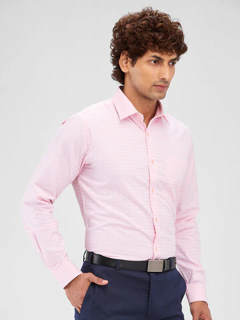 Raymond Men Pink Checks Slim Fit Cotton Shirt - Image 2