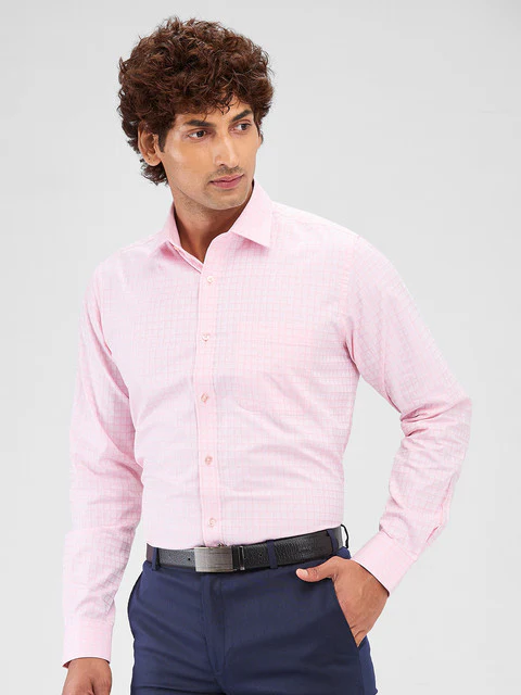 Raymond Men Pink Checks Slim Fit Cotton Shirt - Image 3