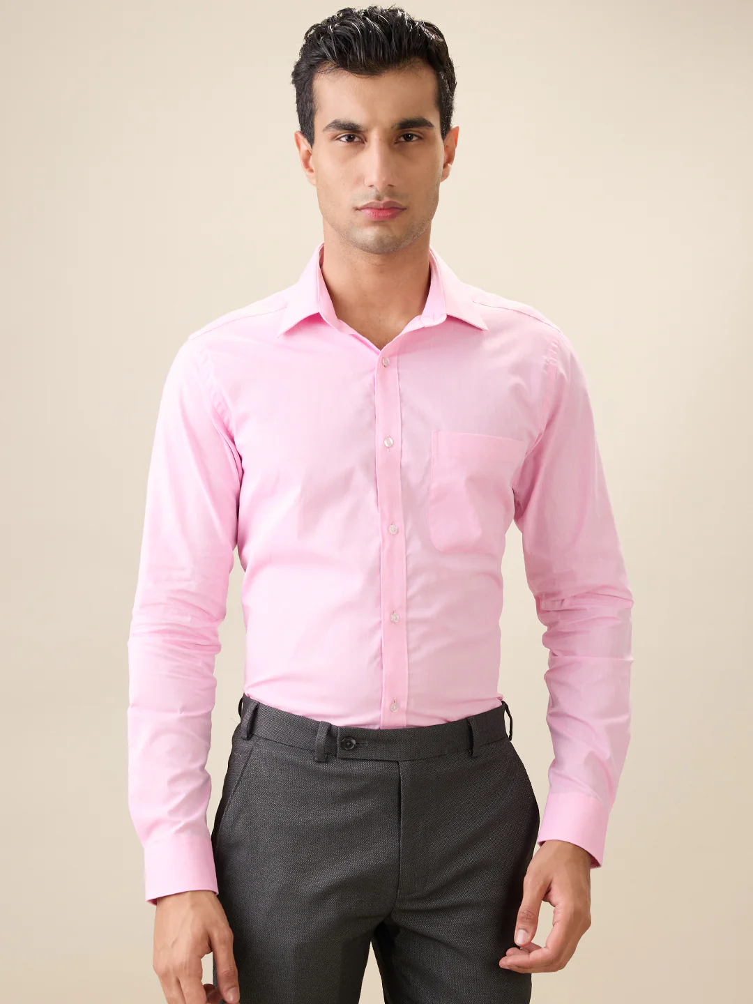 Raymond Men Pink Solid Chambray Slim Fit Cotton Formal Shirt