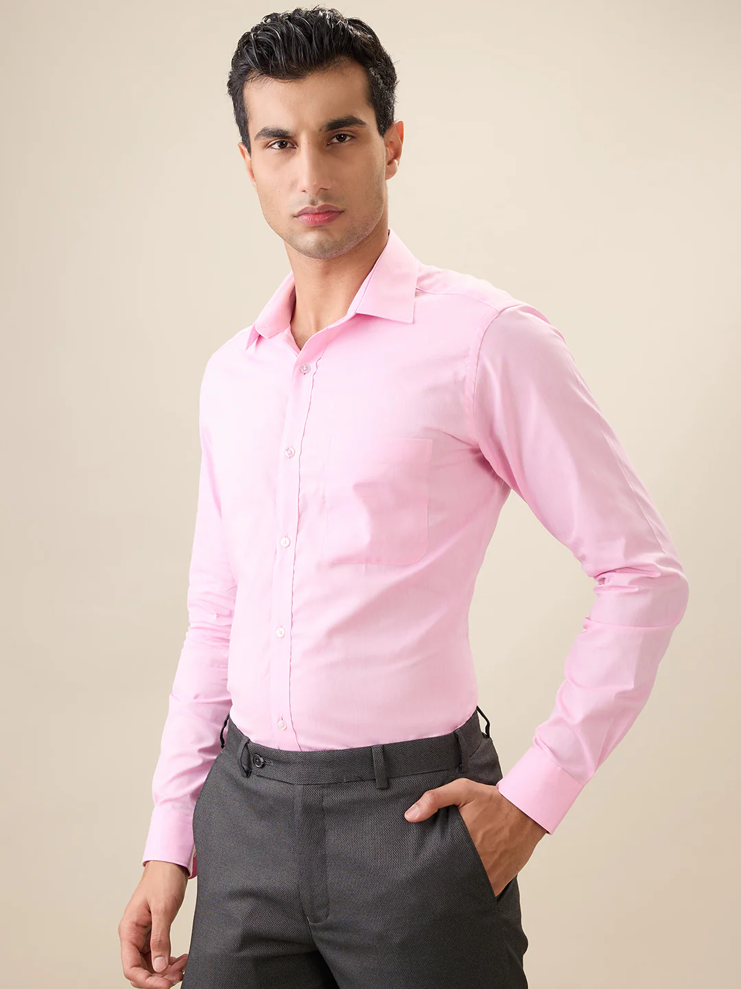 Raymond Men Pink Solid Chambray Slim Fit Cotton Formal Shirt - Image 3