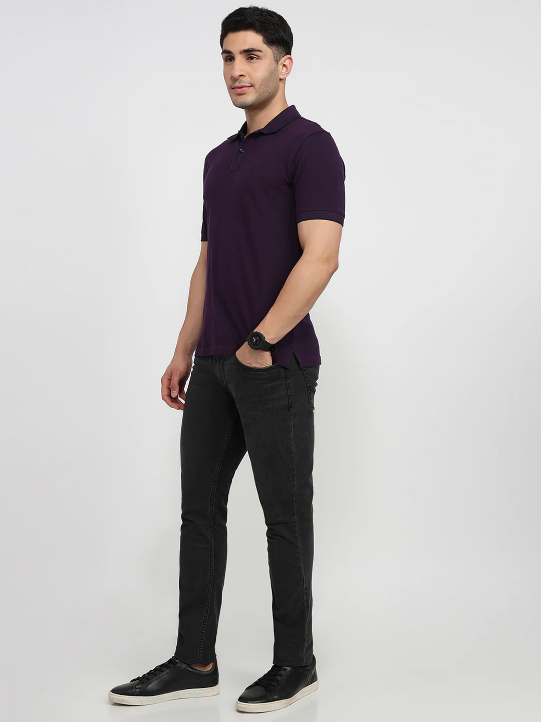 Raymond Men Purple Solid Modern Fit Cotton T-shirt - Image 5
