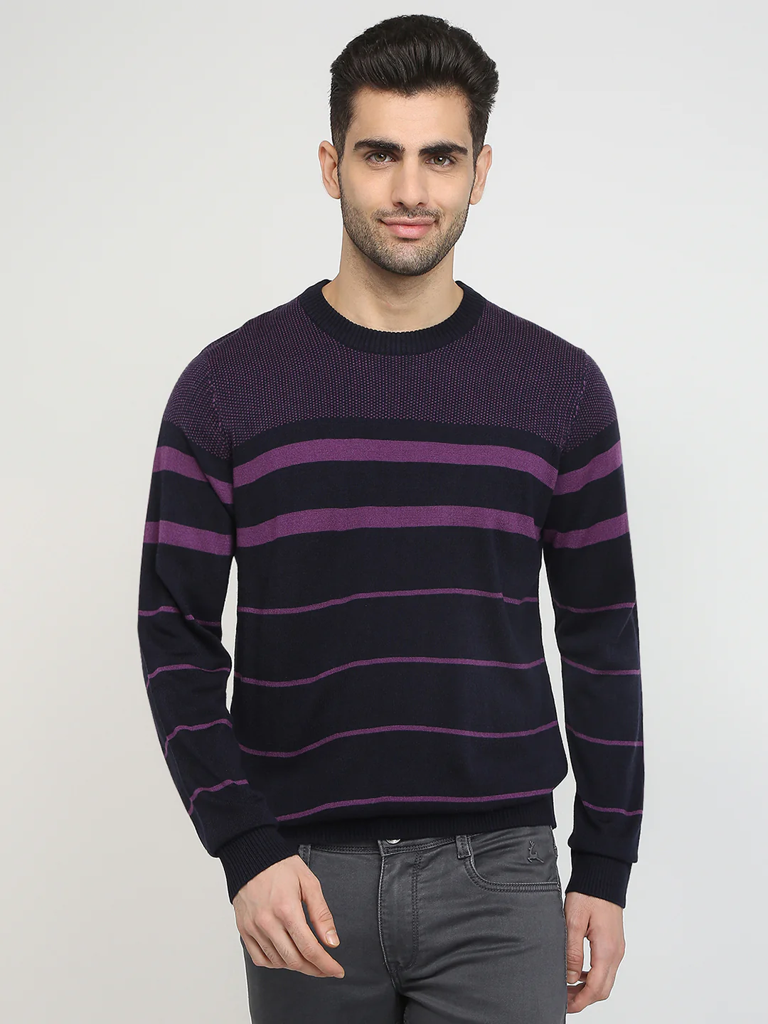 Raymond Men Purple Stripe Acrlic Blend Full Sleeve Round Neck Collar Sweater