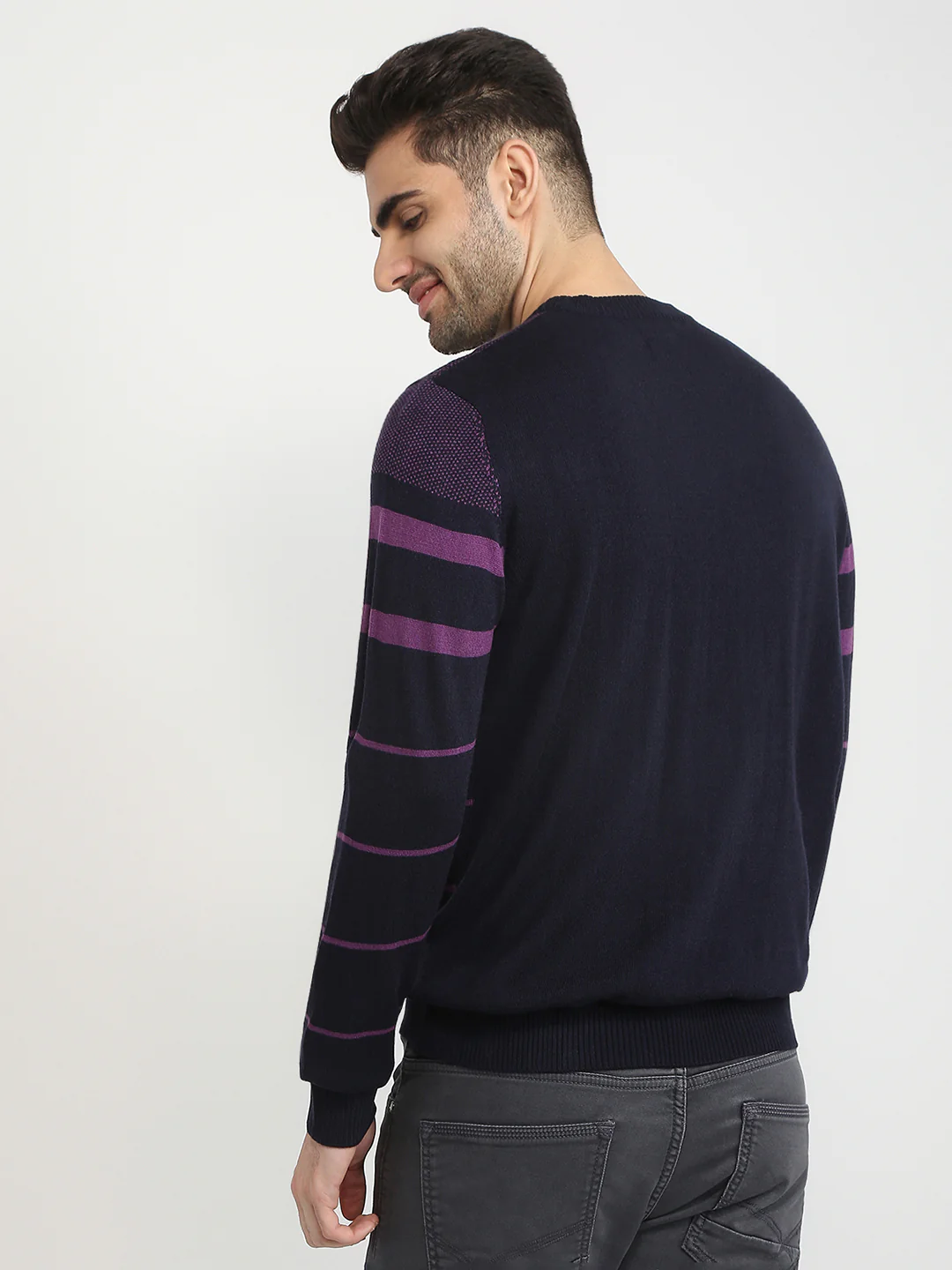 Raymond Men Purple Stripe Acrlic Blend Full Sleeve Round Neck Collar Sweater - Image 4