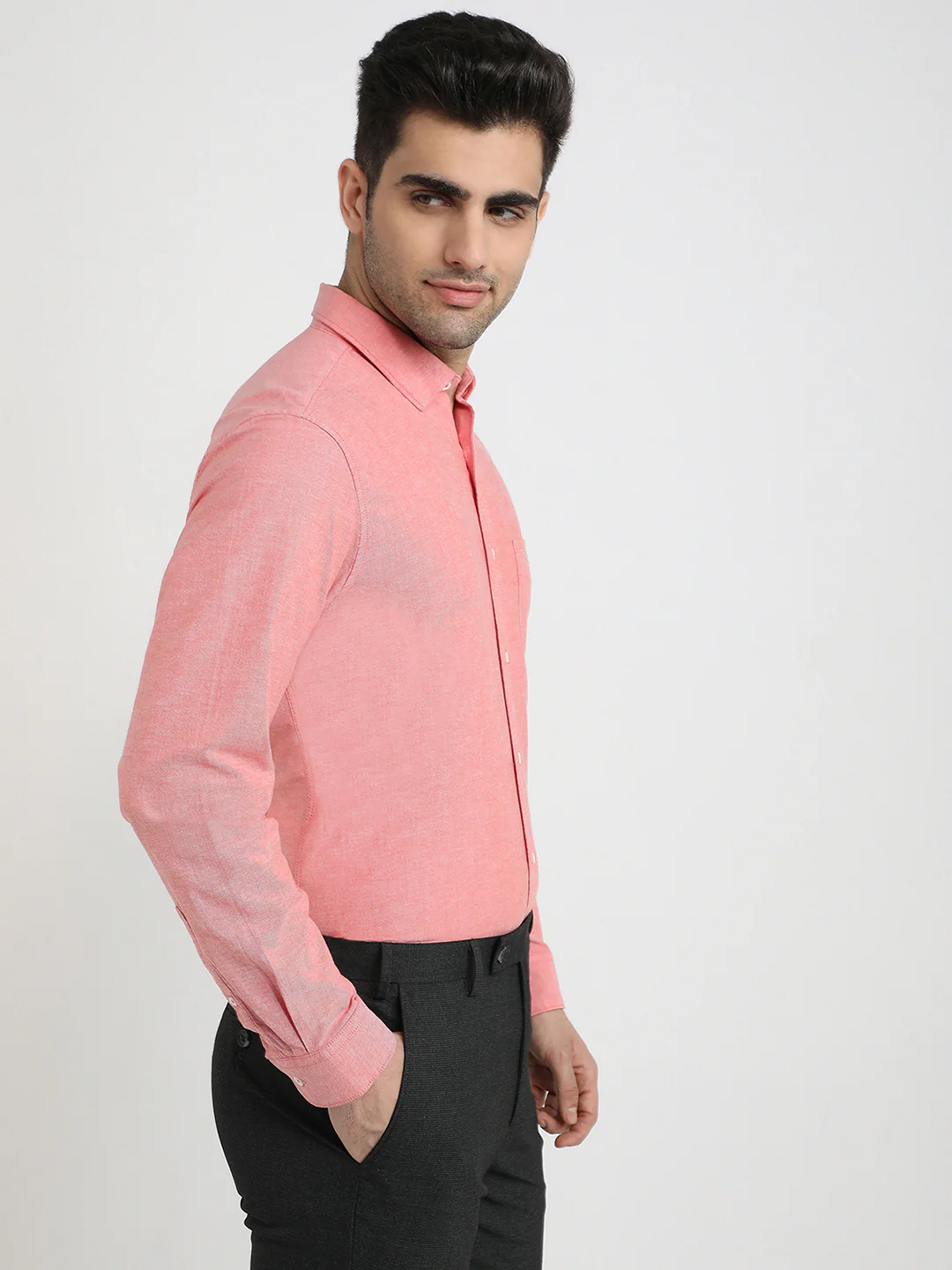 Raymond Men Red Chambray Regular Fit Cotton Blend Full Sleeve Casual Shirt - Image 3