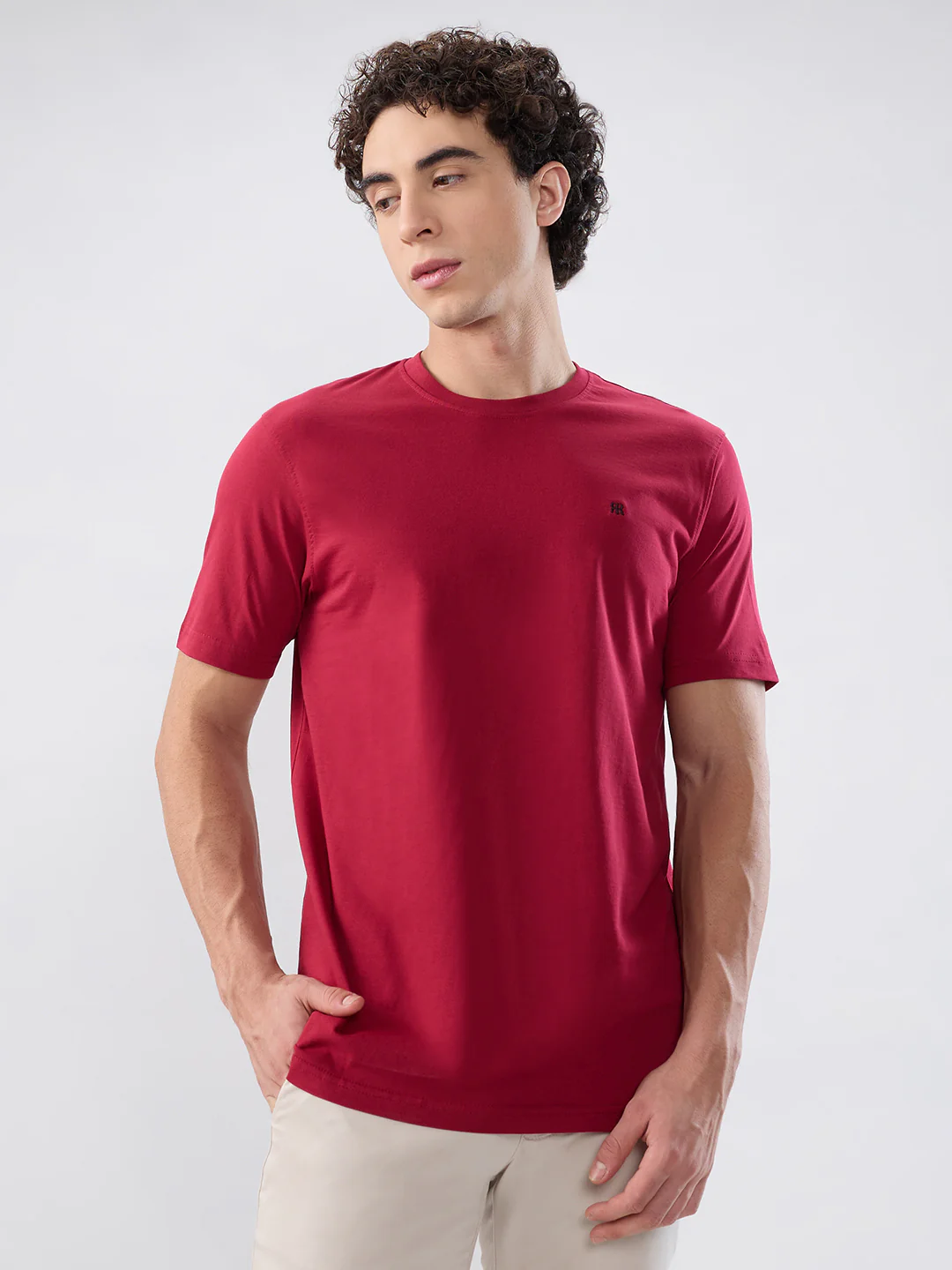 Raymond Men Red Solid Regular Fit Cotton T-shirt