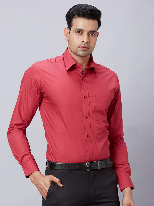 Raymond Men Red Solid Slim Fit Cotton Shirt - Image 2