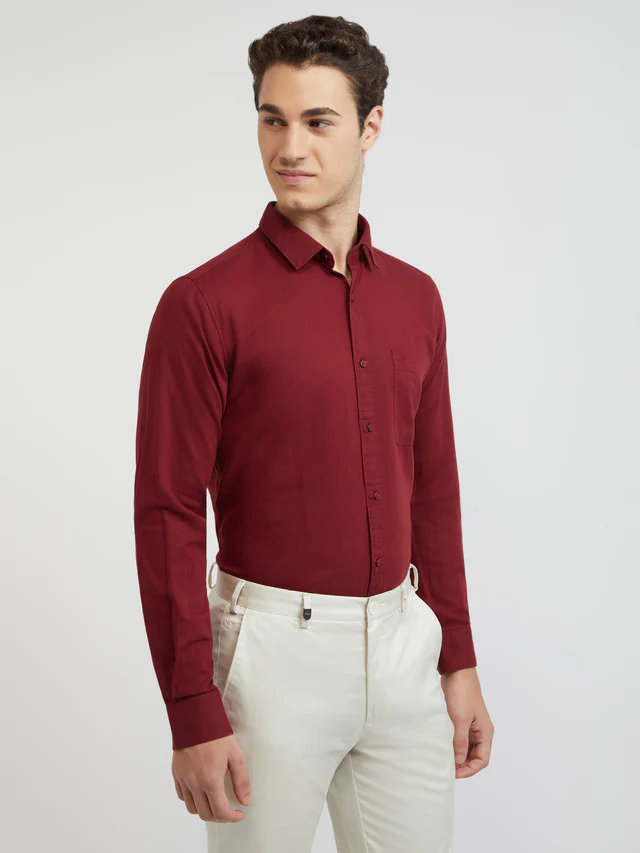 Raymond Men Red Solid Slim Fit Linen Blend Shirts - Image 2