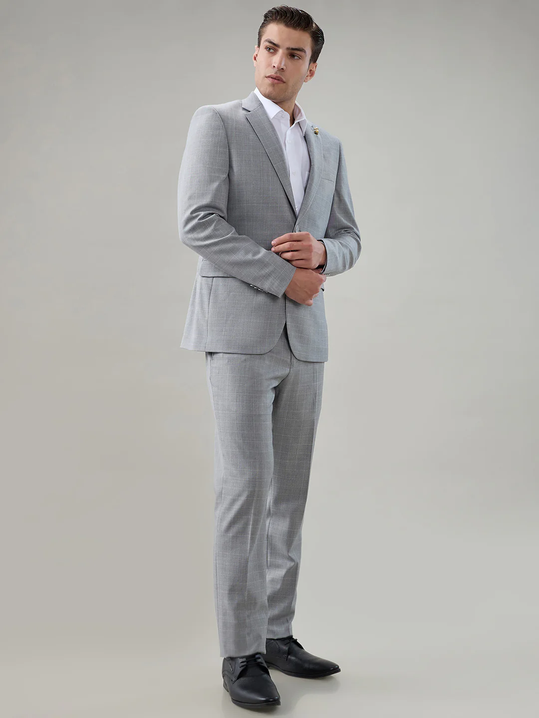 Raymond Men Regular Fit Checks Pattern Poly Wool Elastane Blend Full Sleeve Suit - Image 3