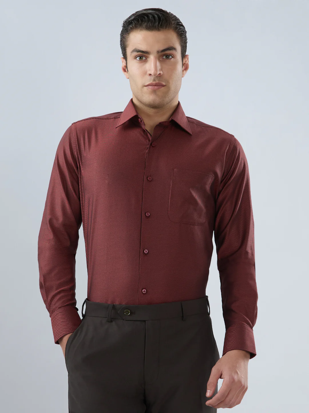 Raymond Men Regular Fit Solid Chambray Pattern Cotton Tencel Blend Full Sleeve Formal Shirt