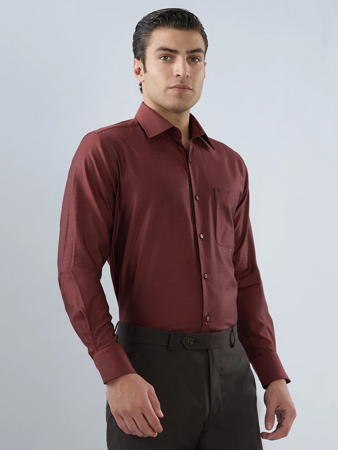 Raymond Men Regular Fit Solid Chambray Pattern Cotton Tencel Blend Full Sleeve Formal Shirt - Image 2