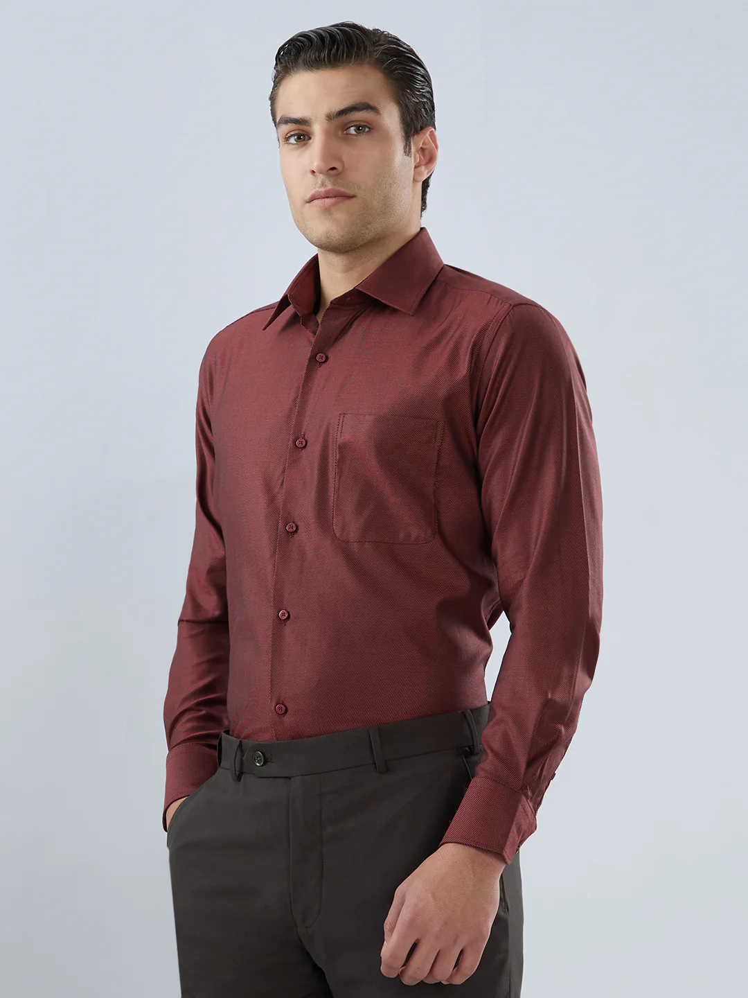 Raymond Men Regular Fit Solid Chambray Pattern Cotton Tencel Blend Full Sleeve Formal Shirt - Image 3
