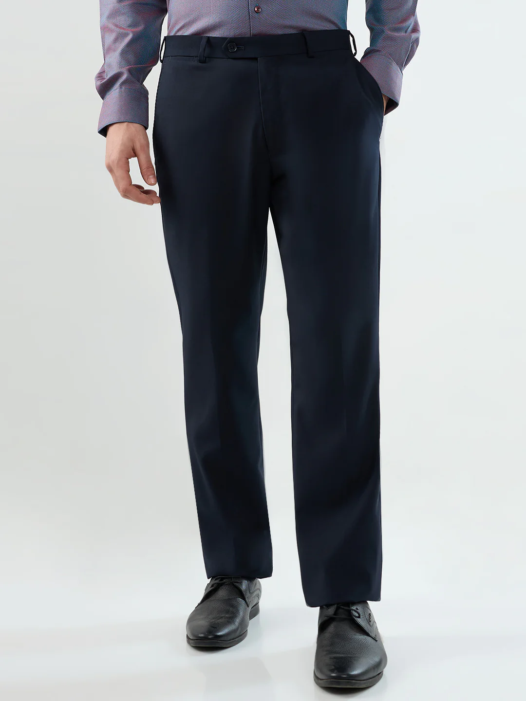 Raymond Men Regular Fit Solid Pattern Poly Wool Blend Flat Front Trouser