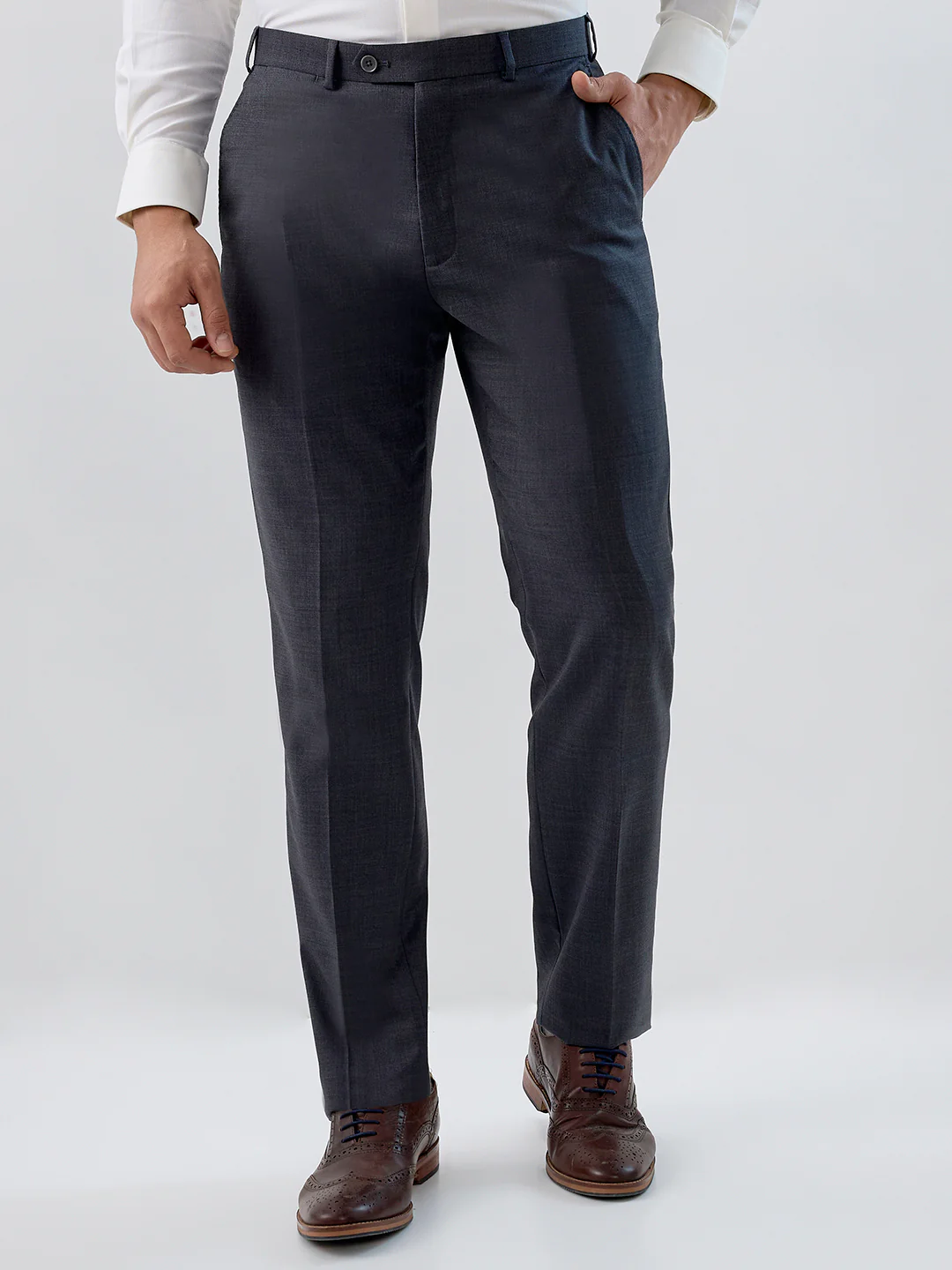 Raymond Men Regular Fit Solid Pattern Poly Wool Blend Flat Front Trouser