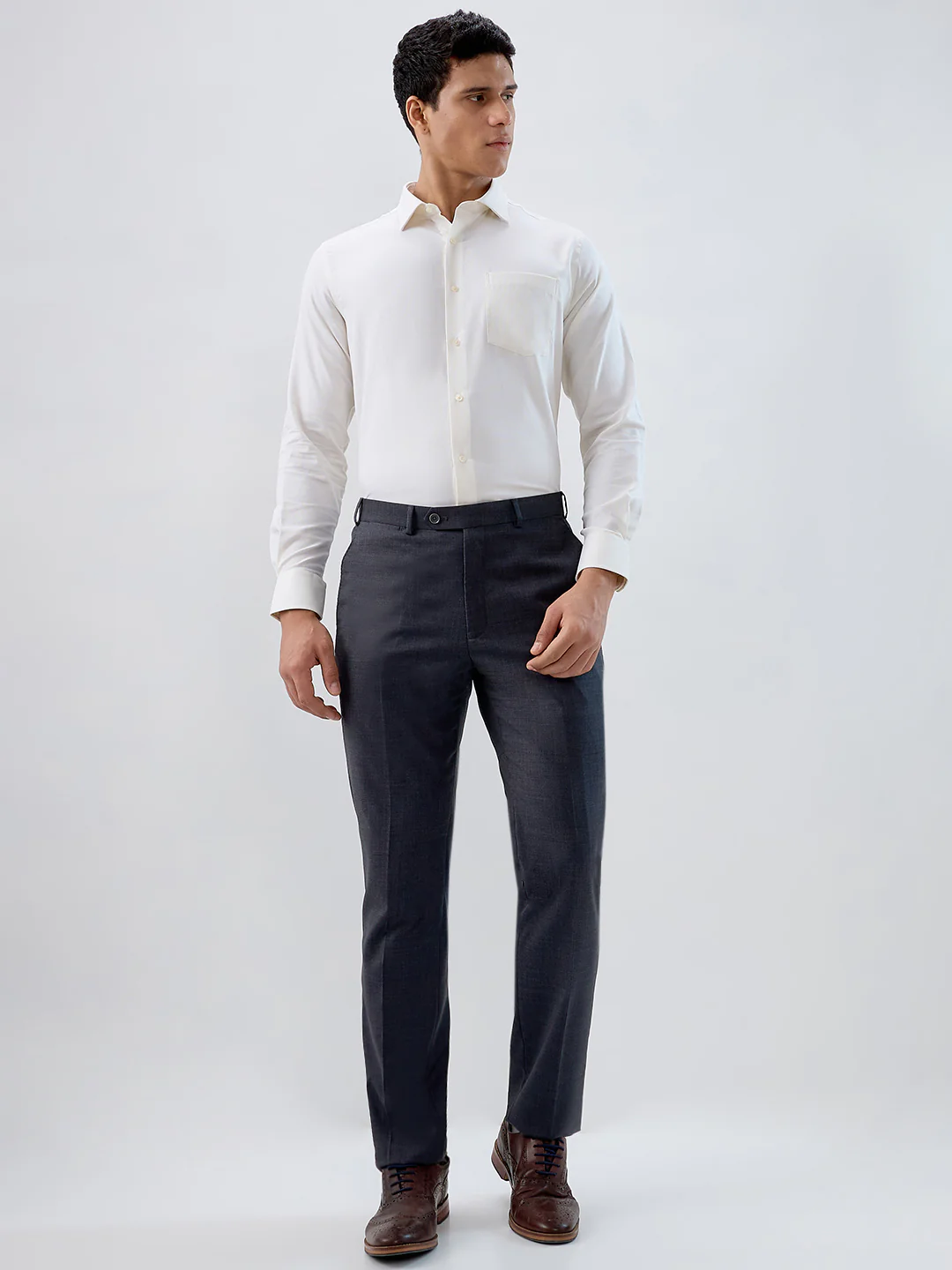 Raymond Men Regular Fit Solid Pattern Poly Wool Blend Flat Front Trouser - Image 5