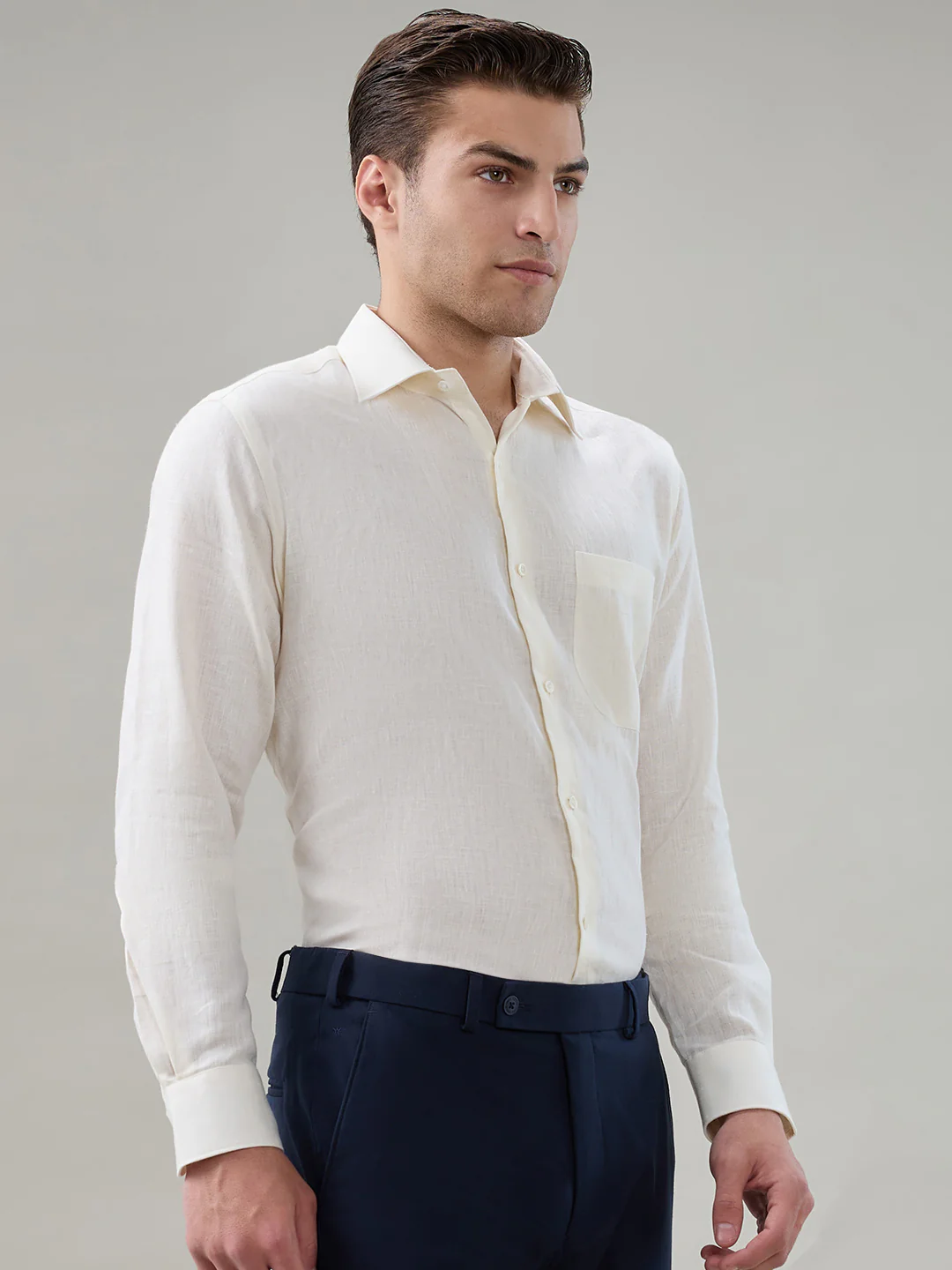 Raymond Men Regular Fit Solid Piece Dyed Pattern Pure Linen Full Sleeve Formal Shirt - Image 2