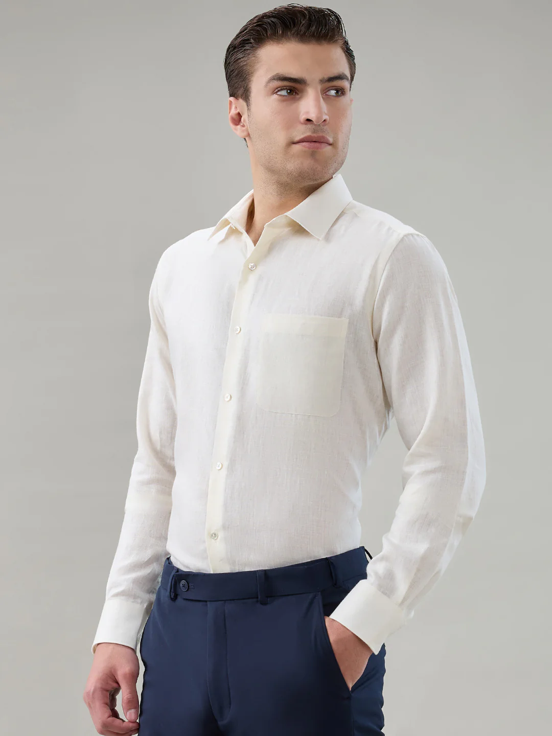 Raymond Men Regular Fit Solid Piece Dyed Pattern Pure Linen Full Sleeve Formal Shirt - Image 3