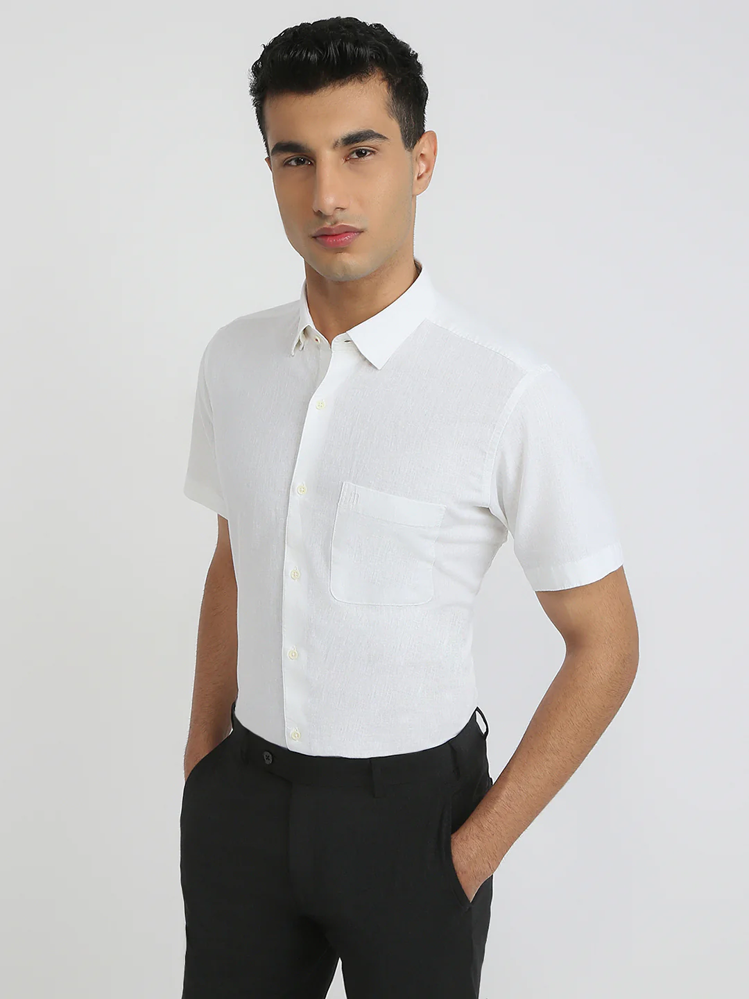 Raymond Men White Chambray Regular Fit Cotton Blend Casual Shirt - Image 3