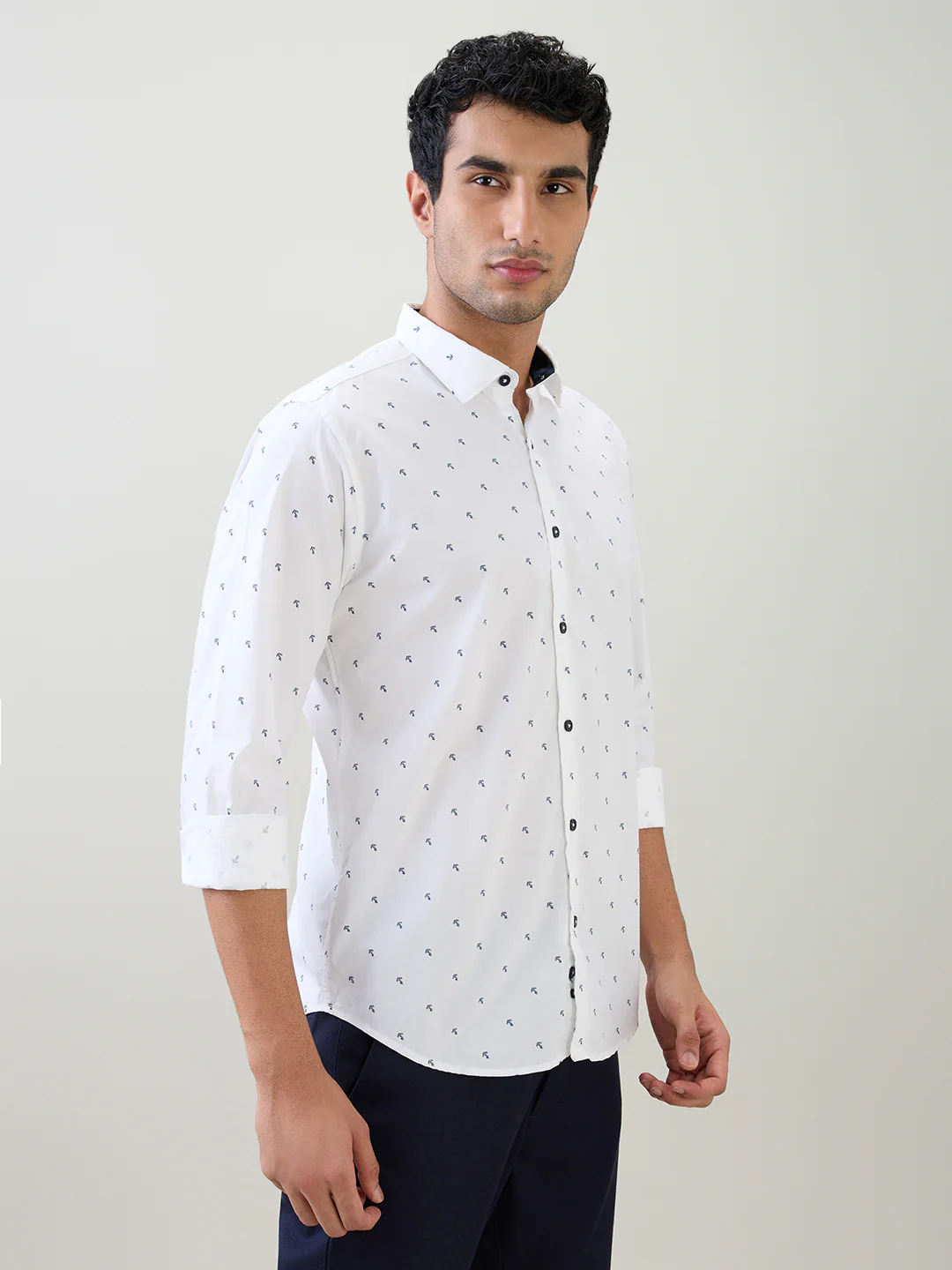 Raymond Men White Printed Slim Fit Cotton Full Sleeve Cut Away Collar Casual Shirt - Image 2