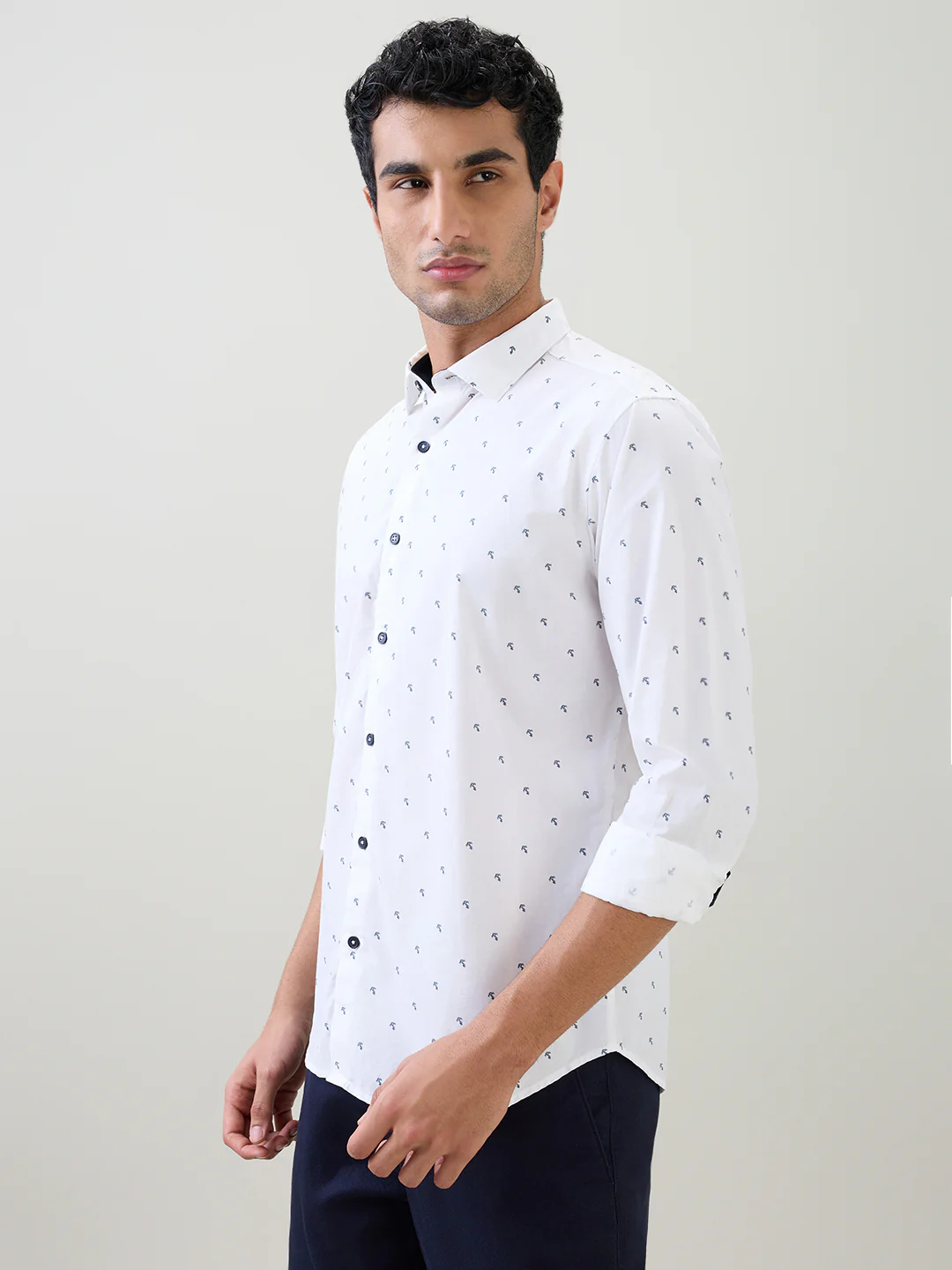 Raymond Men White Printed Slim Fit Cotton Full Sleeve Cut Away Collar Casual Shirt - Image 3