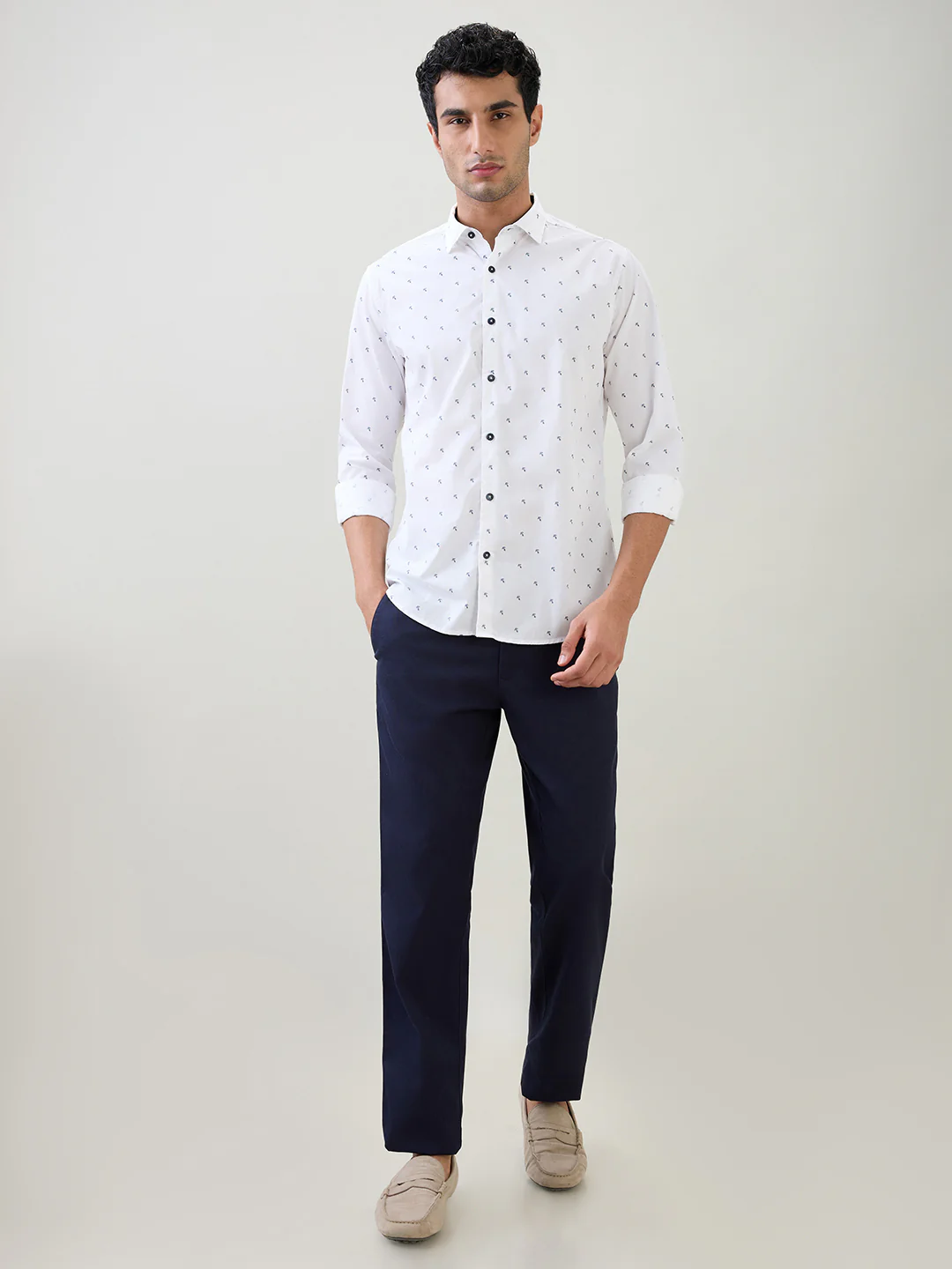 Raymond Men White Printed Slim Fit Cotton Full Sleeve Cut Away Collar Casual Shirt - Image 5