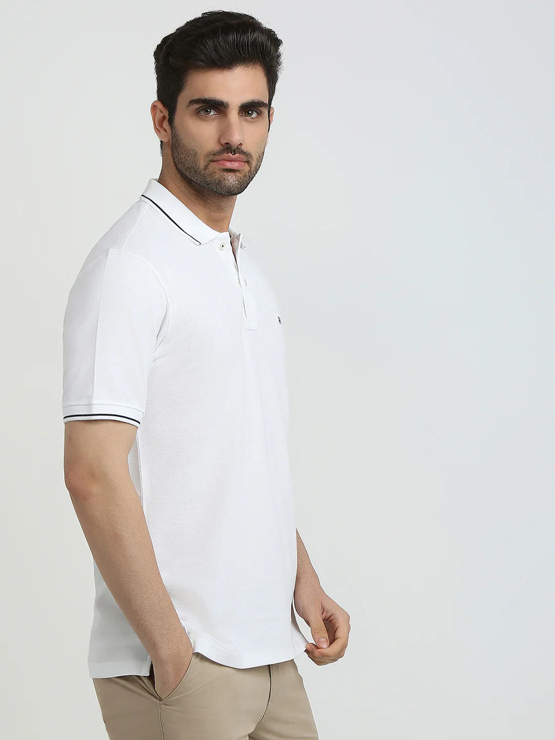 Raymond Men White Modern Fit Solid Polo Neck Collar T-Shirt - Image 3