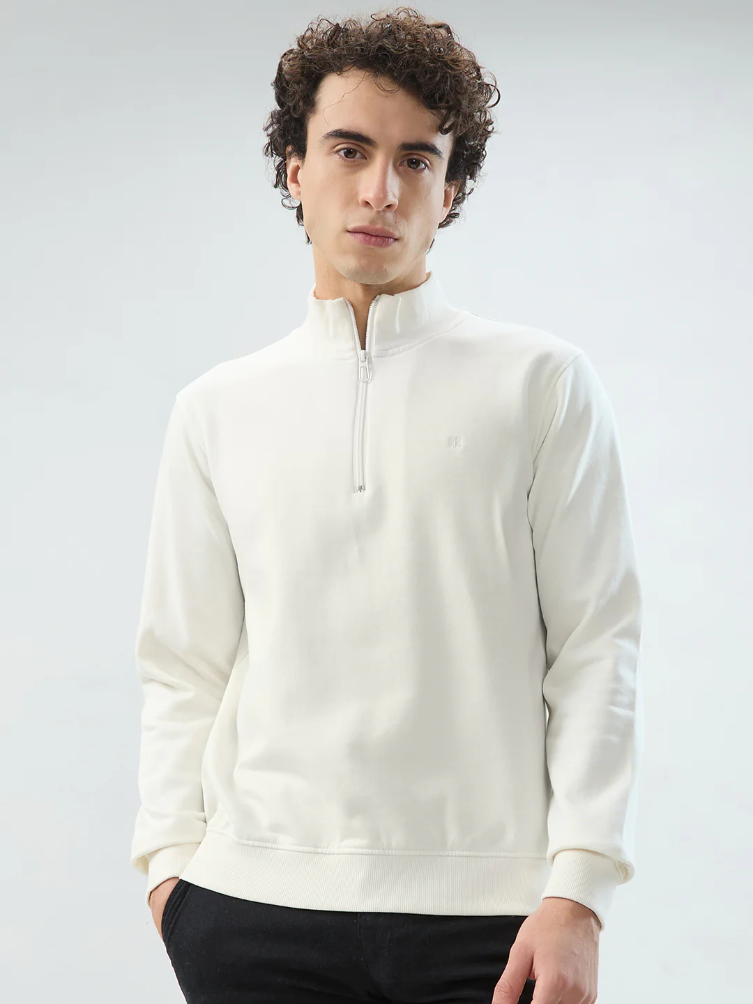 Raymond Men White Solid Regular Fit Cotton Blend Sweatshirt