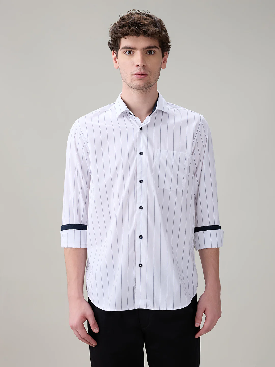 Raymond Men White Stripe Regular Fit Cotton Full Sleeve Casual Shirt