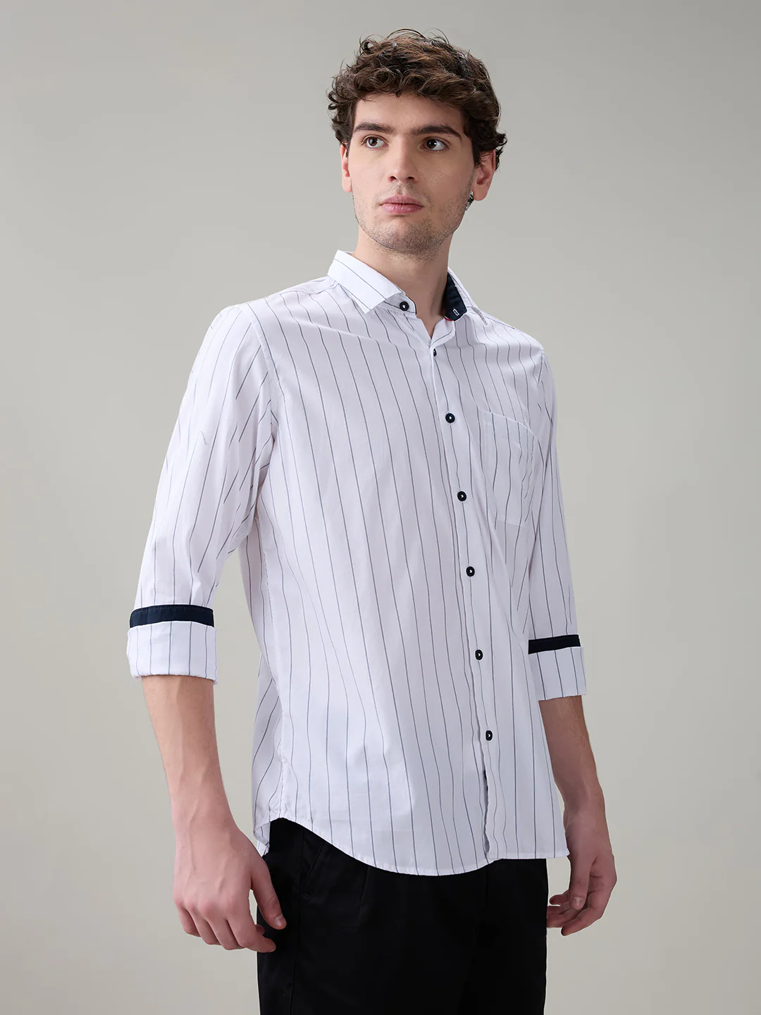 Raymond Men White Stripe Regular Fit Cotton Full Sleeve Casual Shirt - Image 2