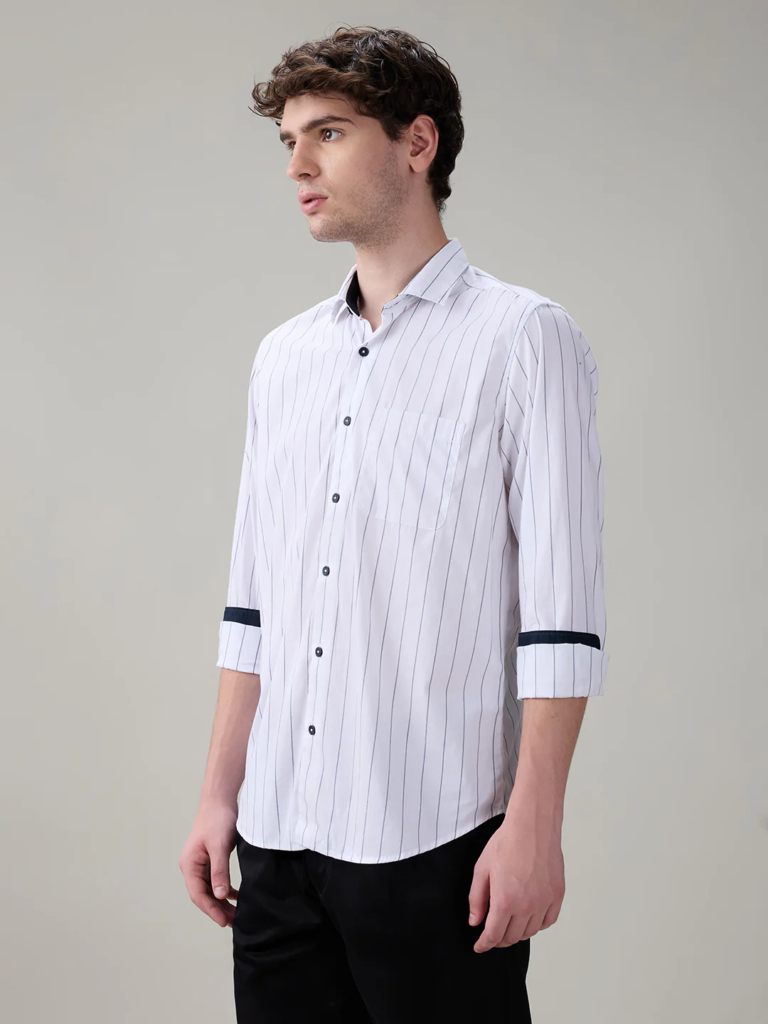 Raymond Men White Stripe Regular Fit Cotton Full Sleeve Casual Shirt - Image 3