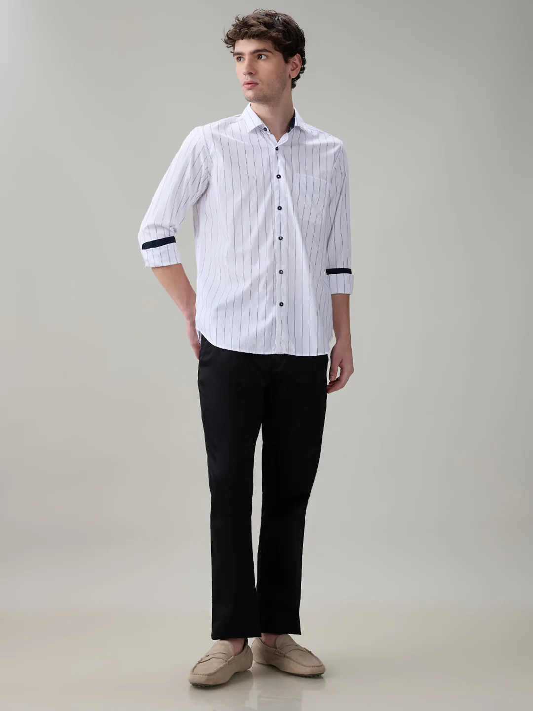 Raymond Men White Stripe Regular Fit Cotton Full Sleeve Casual Shirt - Image 5