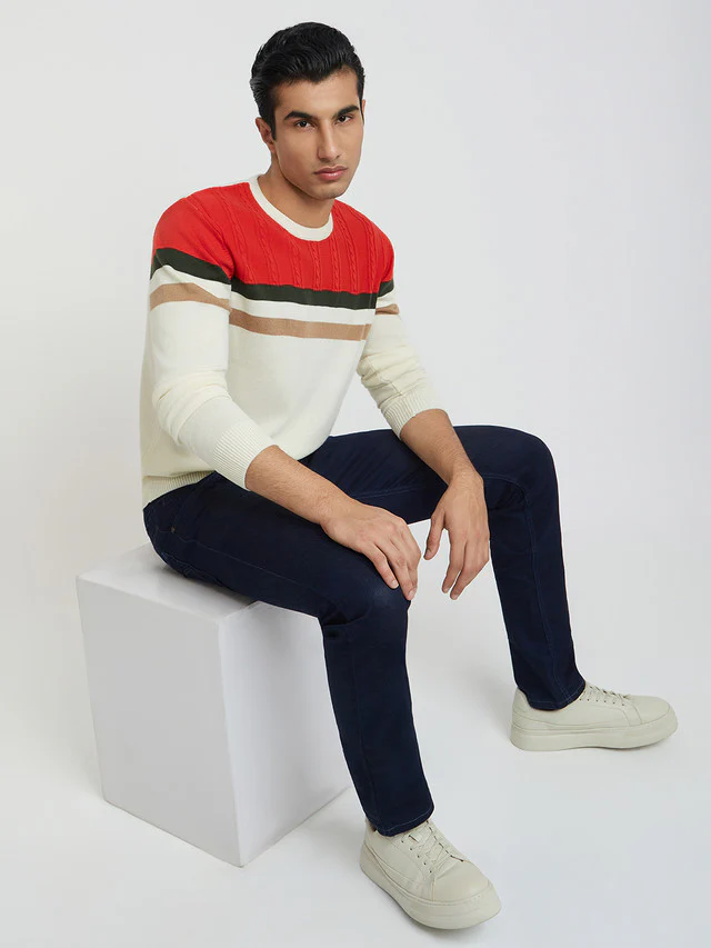 Raymond Men White Structure Cable Acrylic Blend Sweater - Image 5