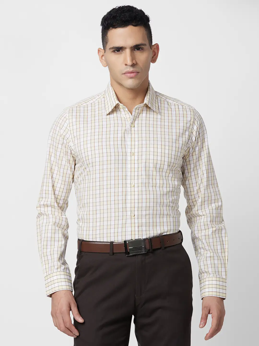 Raymond Men Yellow Checks Regular Fit Cotton Shirt