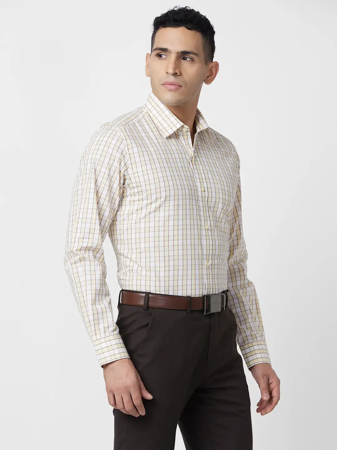 Raymond Men Yellow Checks Regular Fit Cotton Shirt - Image 2